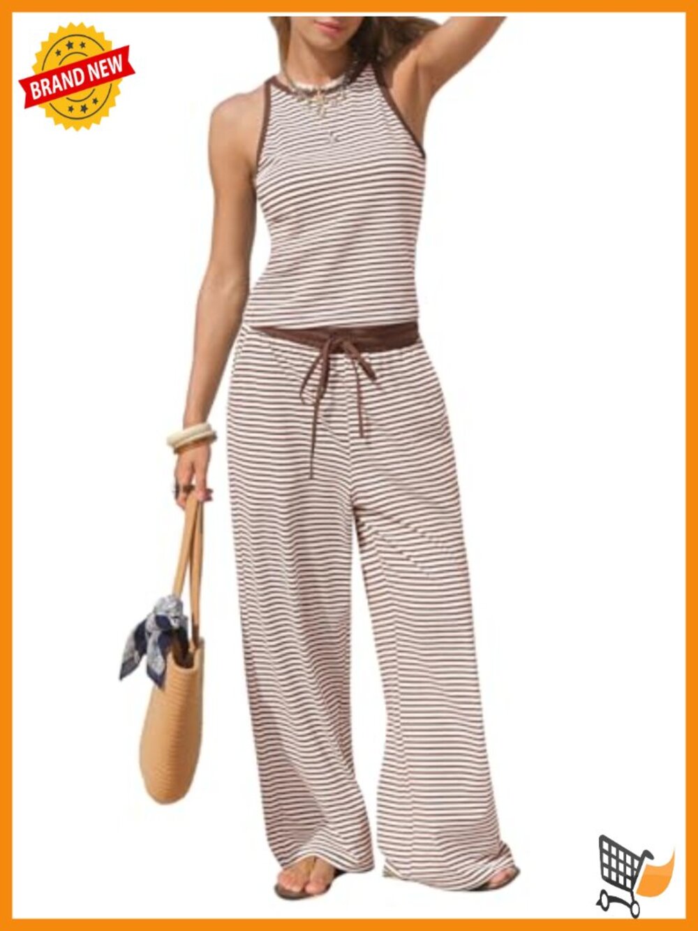 Women's 95% Cotton Tank Top & Wide Leg Pant Set Striped Lounge